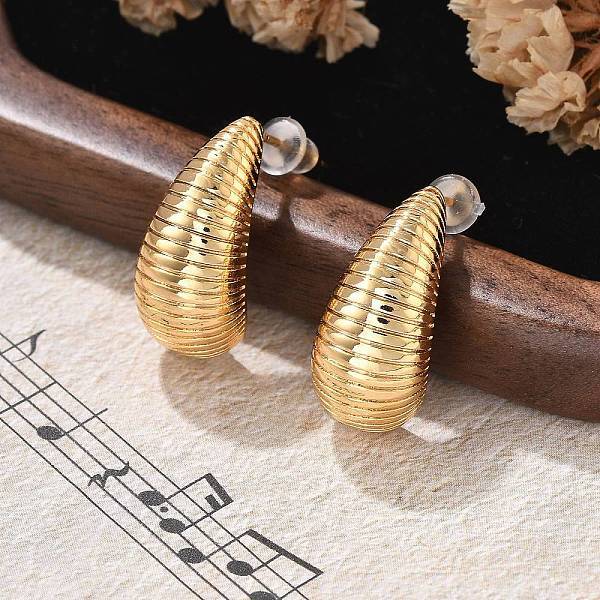 Brass Stripe Teardrop Stud Earrings