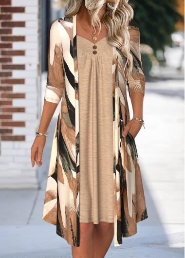 Modlily Light Coffee Tummy Coverage Graffiti Print Long Sleeve Dress - M