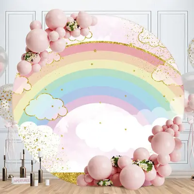 Aperturee Gold Glitter Rainbow Round Birthday Backdrop