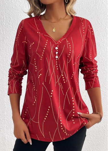 Modlily Wine Red Button Geometric Print Long Sleeve T Shirt - XXL