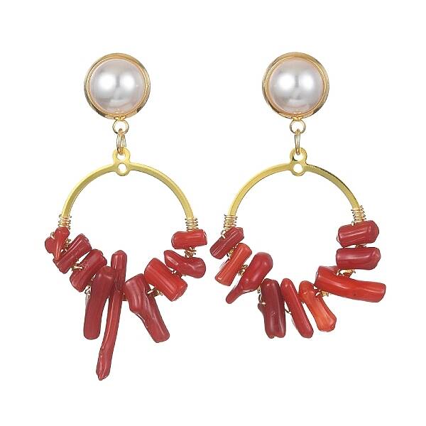 Dyed Synthetic Coral Irregular Column Beaded Dangle Stud Earrings