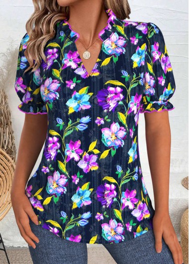 Modlily Dark Blue Random Floral Print Short Sleeve Blouse - L