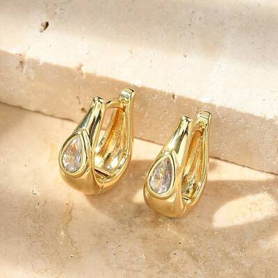 Teardrop Brass Micro Pave Clear Cubic Zirconia Hoop Earrings