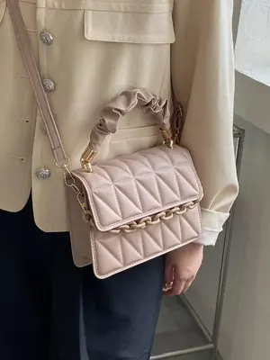 Women's Quilted Chain Decor Frill Strap Square Satchel Bag, Casual Elegant Handbag for Party, Club, Female Basic Classic Flap...