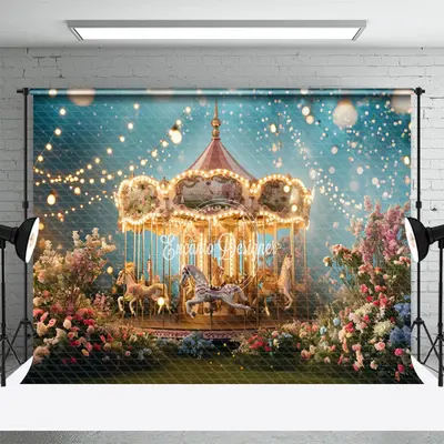 Light Strings Merry Go Round Floral Fantasy Backdrop - Aperturee