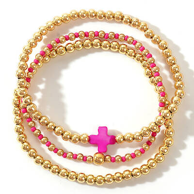 3Pcs Golden Luxury Brass Beaded Gothic Cross Ladies Elastic Bracelet Sets