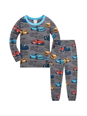 Boys' Long Sleeve Pants Set, Deep Cartoon Car Print, Comfortable Casual Home Wear, Spring Summer Fall, Ages 1-8 Years