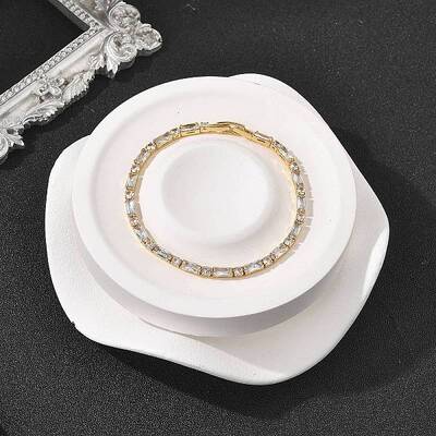 Brass Pave Clear Cubic Zirconia Rectangle & Flat Round Link Bracelets