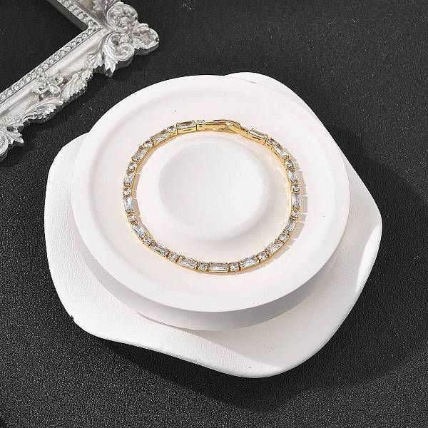 Brass Pave Clear Cubic Zirconia Rectangle & Flat Round Link Bracelets