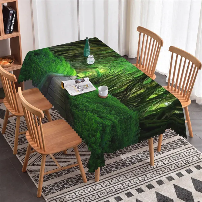 Green Grass Forest Wood Road Rectangle Tablecloth - Aperturee