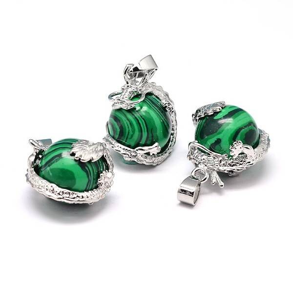Dragon Platinum Plated Brass Natural Malachite Pendants