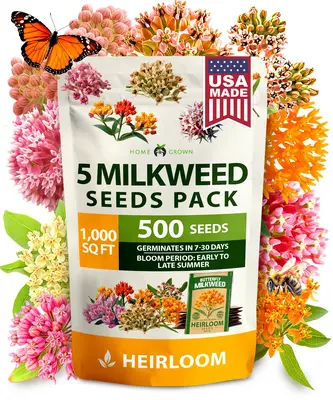 HOME GROWN Milkweed Flower Seeds - 500+ Heirloom Perennial Wildflower Seeds (5 Individual Varieties) Supports Monarch Habitat...