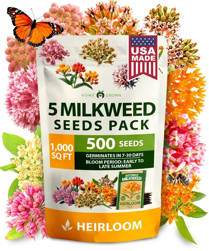 HOME GROWN Milkweed Flower Seeds - 500+ Heirloom Perennial Wildflower Seeds (5 Individual Varieties) Supports Monarch Habitat...