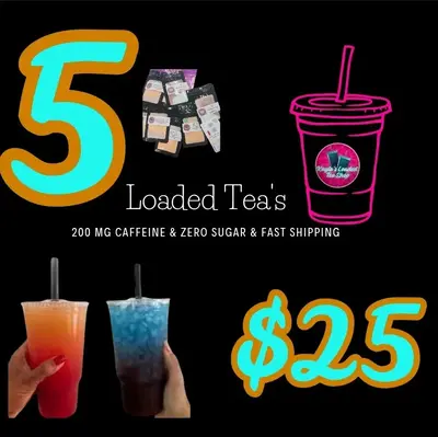 5 Loaded Teas For 22 Mystery Pack sugar-free powder drink mix. Each Loaded tea package is 200 MG caffeine. You will recieve 5...