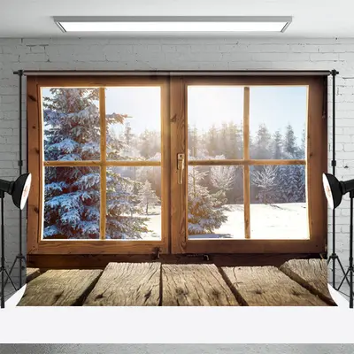 Wood Window Snow Pine Christmas Portrait Backdrop - Aperturee