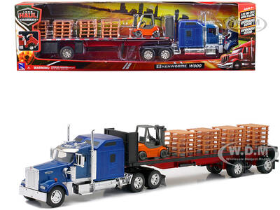 Kenworth W900 Truck with Flatbed Trailer Blue with Forklift and Pallets \