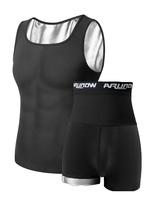 Men's Plain Scoop Neck Tank Top & Letter Tape High Waist Shorts Sauna Suit Set, Sleeveless Sports Top & Skinny Shorts, Athlet...