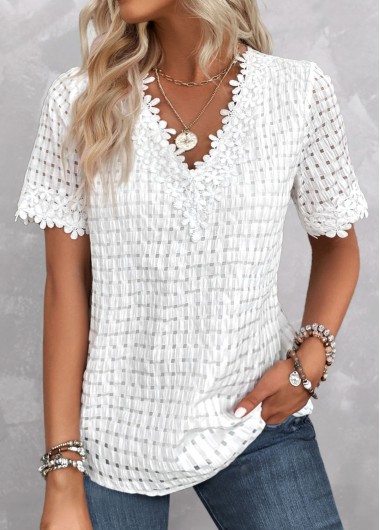 Modlily White Embroidery Short Sleeve V Neck Blouse - XXL