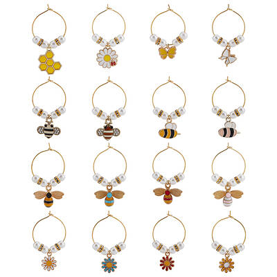 16Pcs 16 Style Bees & Flower Theme Alloy Enamel Wine Glass Charms