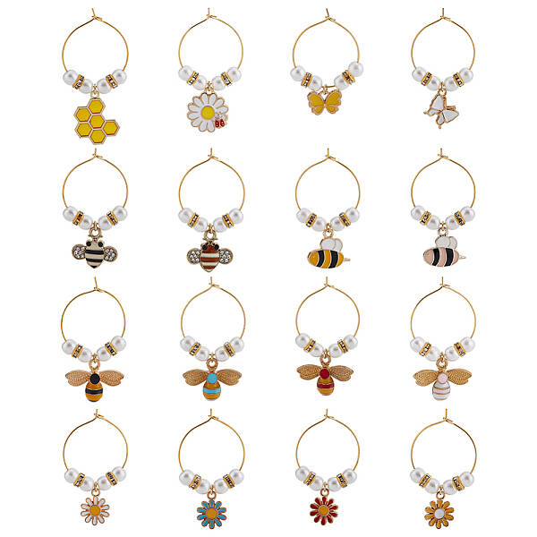 16Pcs 16 Style Bees & Flower Theme Alloy Enamel Wine Glass Charms