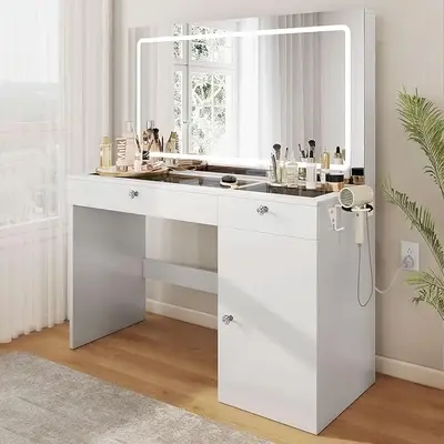 DWVO White/Black Vanity Desk with Power Outlet, Large 47 Inches Vanity Table with 3 Color Modes, 4 Layer Storage