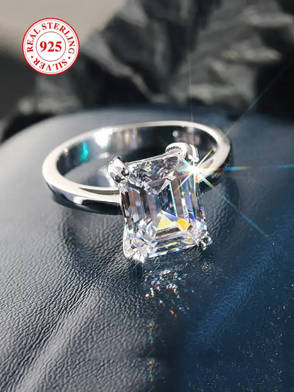925 Sterling Silver Luxury Square Artificial Zircon Ring, Gorgeous Engagement Ring, Jewelry Accessories for Women, Gift for G...
