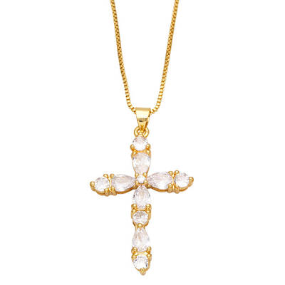Colorful Zircon Cross Necklace Hip Hop Fashion Diamond Sweater Chain NKB266