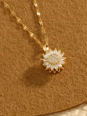 Women's 1 Piece Rotatable Rhinestones Sunflower Decor Pendant Necklace, Elegant All-match Jewelry for Girls Gift, Female Clas...