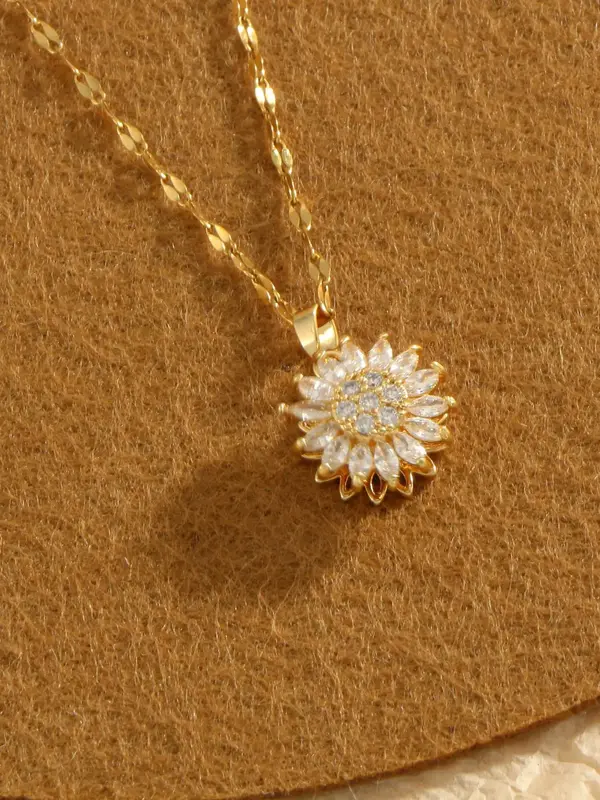 Women's 1 Piece Rotatable Rhinestones Sunflower Decor Pendant Necklace, Elegant All-match Jewelry for Girls Gift, Female Clas...