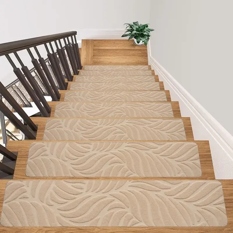 Leaf Embossed Design Stair Tread Rug, 15pcs Washable Reusable Staircase Runner Rug, Non-slip Safety Stair Carpet with Adhesiv...