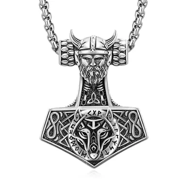 Sterling Silver Wolf & Thor's Hammer Pendant Necklace for Men