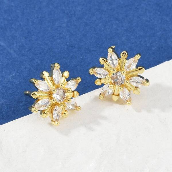 Flower Brass Micro Pave Clear Cubic Zirconia Stud Earrings