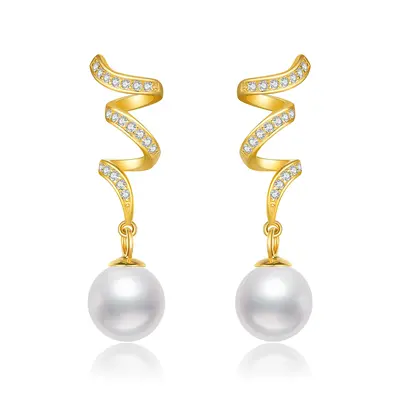 14K Gold Pearl Celtic Spiral Knot Drop Earrings