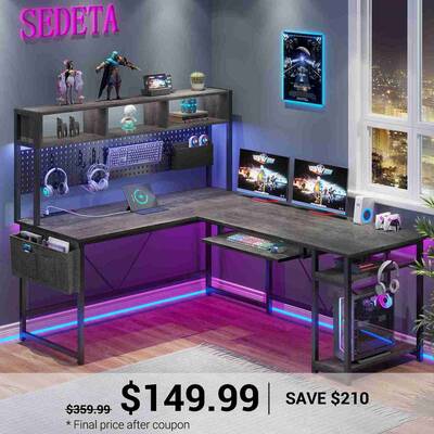 SEDETA 67 Inch L Shaped Gaming Desk Reversible Computer Desk with Led Lights Power Outlet Pegboard Black Home Office Furnitur...