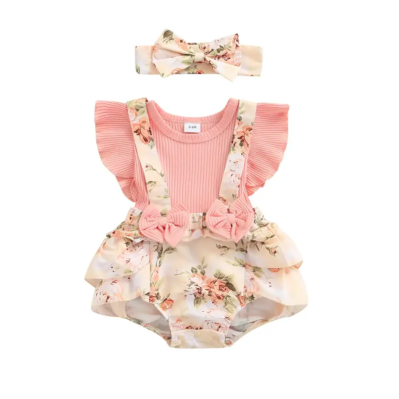 Baby Girls Two-piece Clothes Set, Pink Floral Printed Pattern Fly Sleeves Romper and Bow Knot Headdress, 0-18 Months Cute Coz...