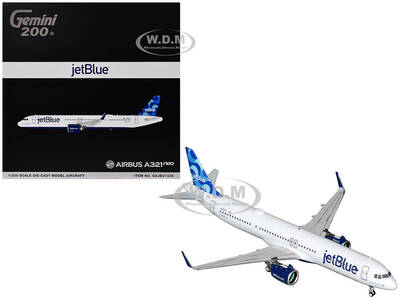 Airbus A321neo Commercial Aircraft JetBlue Airways (N2180J) White with Blue Tail Gemini 200 Series 1/200 Diecast Model Ai...