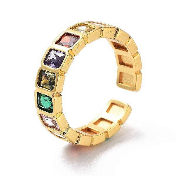 Rectangle Brass Micro Pave Cubic Zirconia Open Cuff Ring for Women