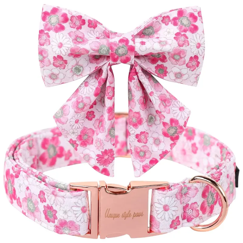 Unique Style Paws Cotton Summer Dog Collar with Bowtie/Flower,Flower Pink Dog Collars Adjustable&Breathable Pets Collar for P...