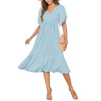 AUSELILY Empire Waist Flutter Midi Dress – Women's Summer Smocked V Neck Short Sleeve Dress 2025 New
