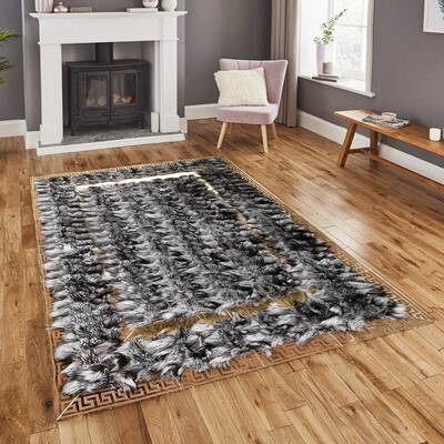 Gray & White Fox Fur Rug with Gold Border