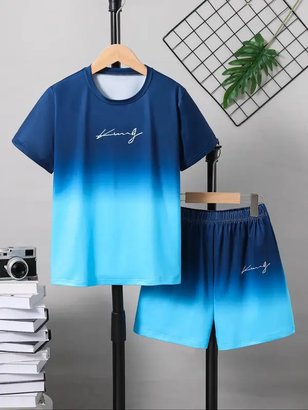 Two-Piece Set Boy's Letter Print Short Sleeve Tee & Shorts Set, Casual Round Neck T-shirt & Shorts for Summer, Kids Clothes f...