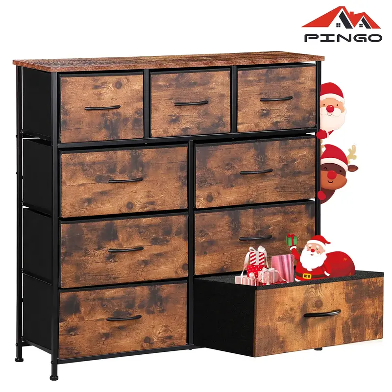[Deal Limited] PINGO Multifunction Tall Tower with Smooth Wooden Top & 9 Fabric Drawers, Dresser Storage Cabinet for Home, Do...