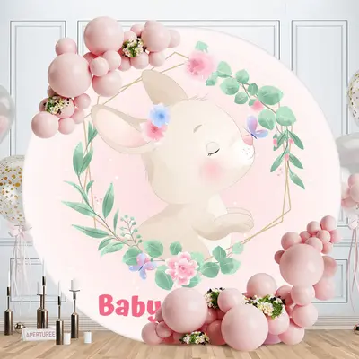 Aperturee Rabbit Flower Pink Circle Baby Shower Backdrop