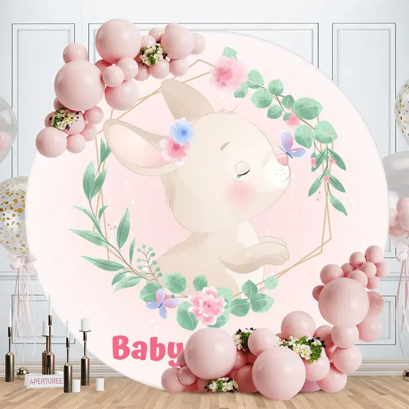Aperturee Rabbit Flower Pink Circle Baby Shower Backdrop