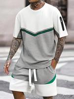 Two-Piece Set Men's Regular Fit Contrast Trim Zipper Decor Short Sleeve Tee & Shorts, Casual Round Neck T-shirt & Track Short...