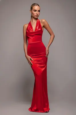 Goddiva Halter Cowl Neck Back Maxi Dress - Red