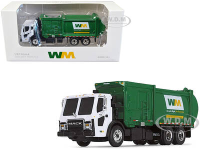 Mack LR Refuse Garbage Truck with McNeilus ZR Side Loader Waste Management White and Green 1/87 (HO) Diecast Model by First G...