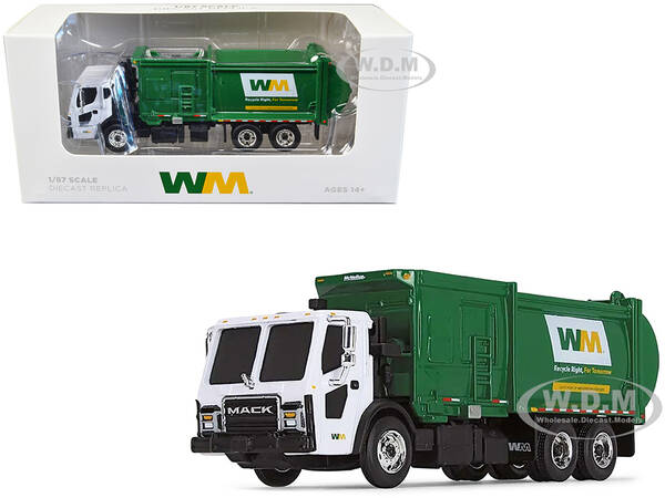 Mack LR Refuse Garbage Truck with McNeilus ZR Side Loader Waste Management White and Green 1/87 (HO) Diecast Model by First G...