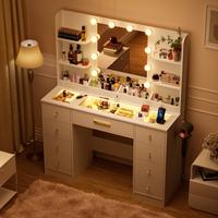 Modern Glass Top Vanity Set with Large Mirror, Drawers, Power Outlet, 3 Color Adjustable Lighting for Bedroom