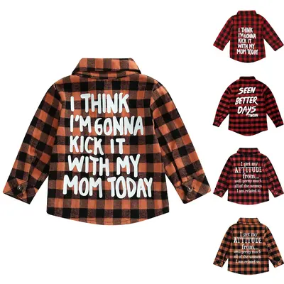 Meihuida Toddler Baby Fall Shirts Long Sleeve Button Down Plaid Letter Print Top Coat Casual Clothes for Boys Girls